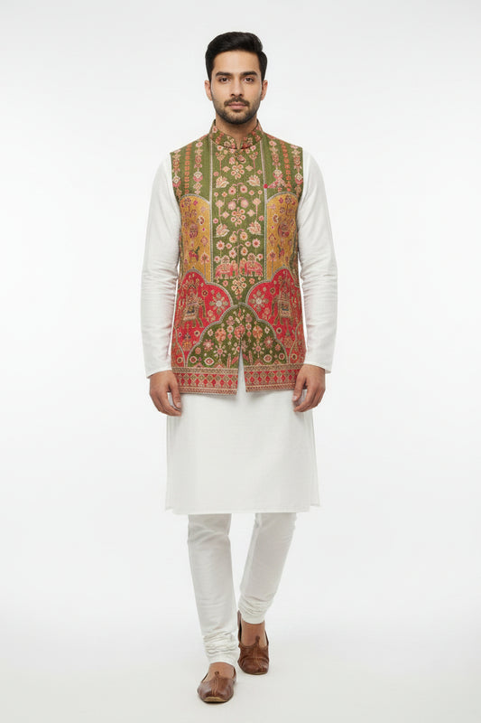 Olive Green Heritage Printed Nehru Jacket
