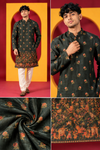 Men's Premium Dark Olive Green Floral Printed Kurta with White Pant Set