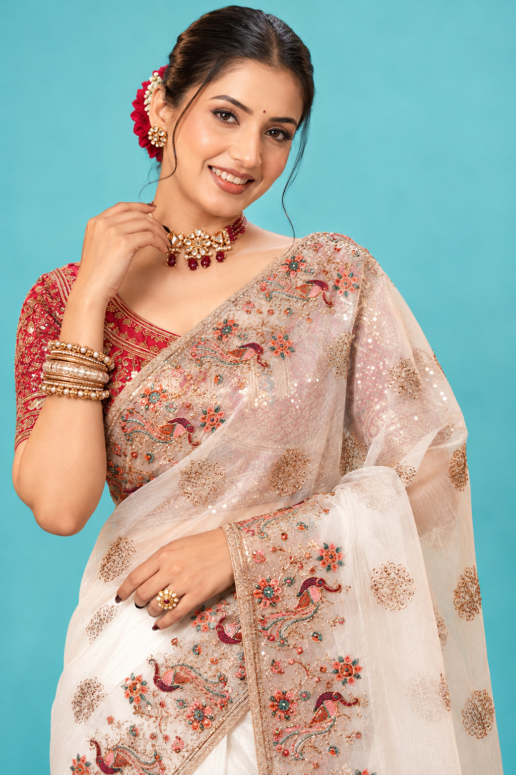 Elegant Ivory White Designer Saree with Multicolor Floral & Bird Embroidery and Rich Pallu