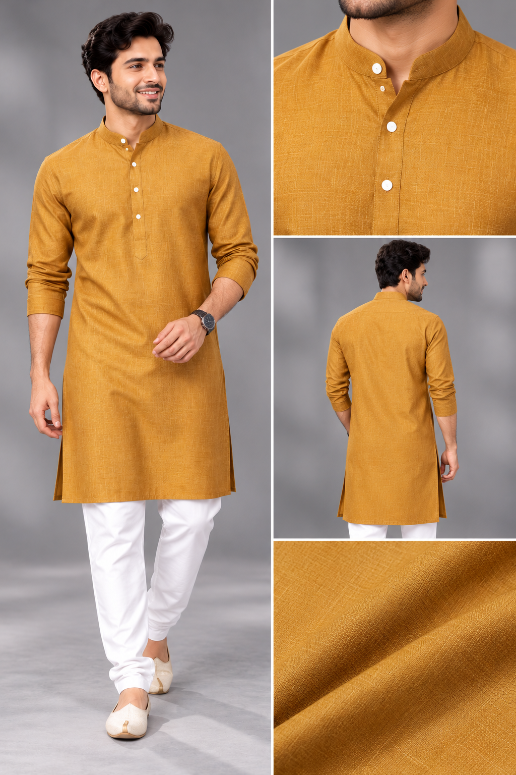 Men's Mustard Gold Textured Kurta with White Pant