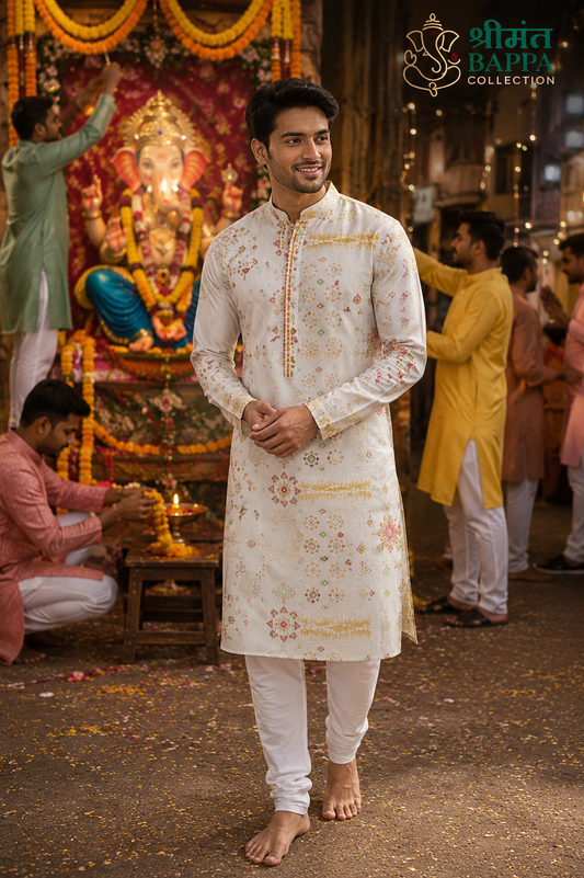 Elegant Ivory Printed Festive Kurta Set