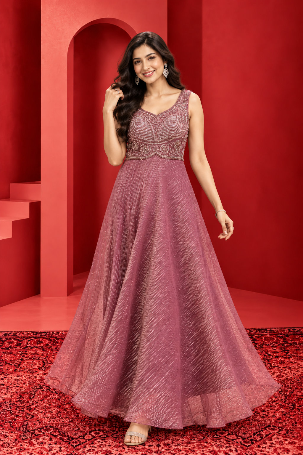Dusty Rose Embroidered Party Wear Gown