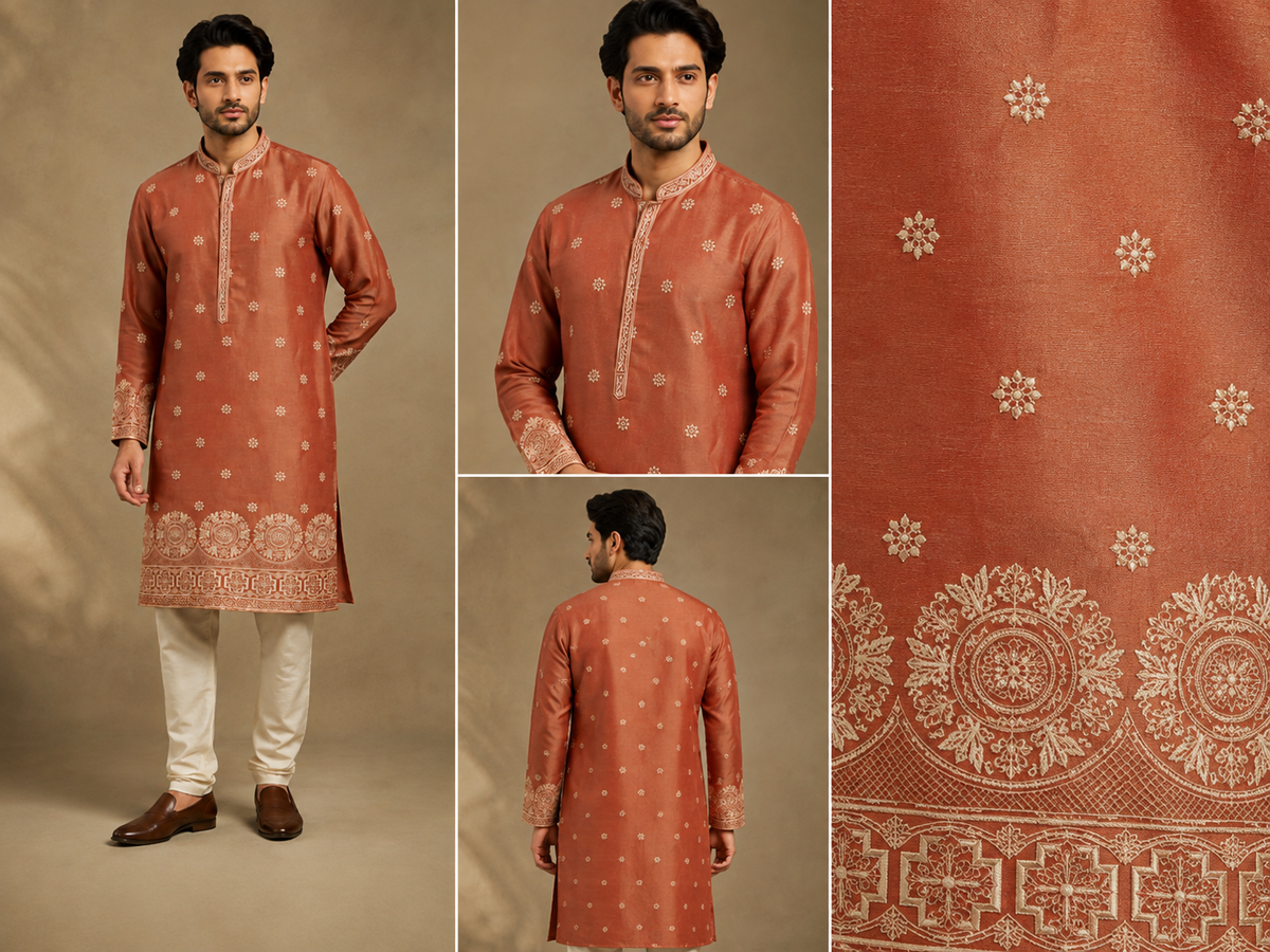 Rust Orange Heritage Embroidered Kurta