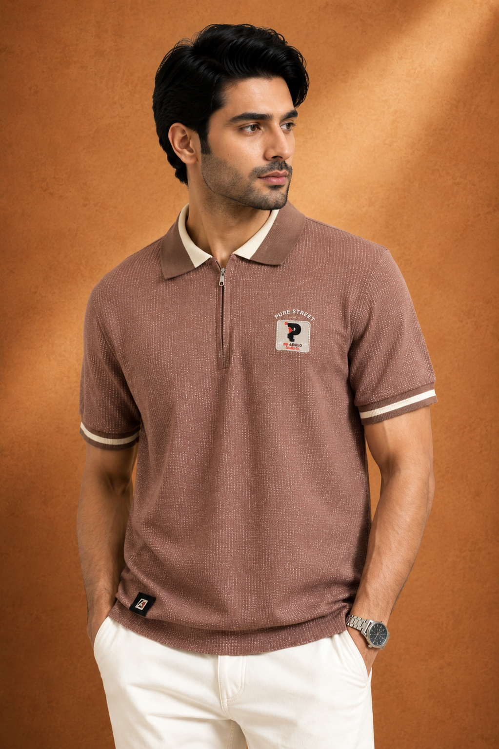 Pure Street Textured Zip Polo T-Shirt  Dusty Rose and sky blue