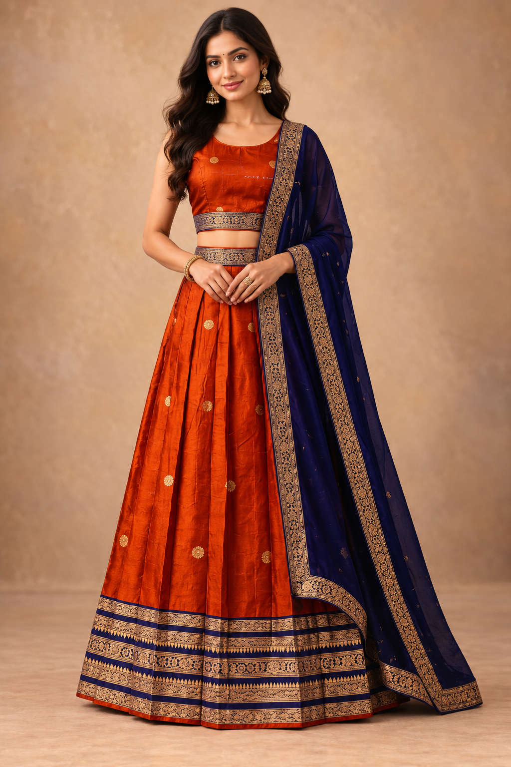 : Elegant Rust Orange & Navy Blue Traditional Lehenga Choli Set