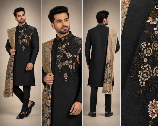 Black Embroidered Kurta Set with Designer Stole