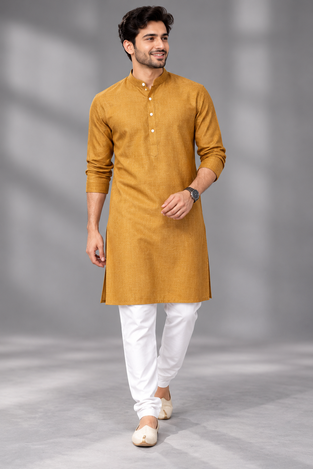 Men's Mustard Gold Textured Kurta with White Pant