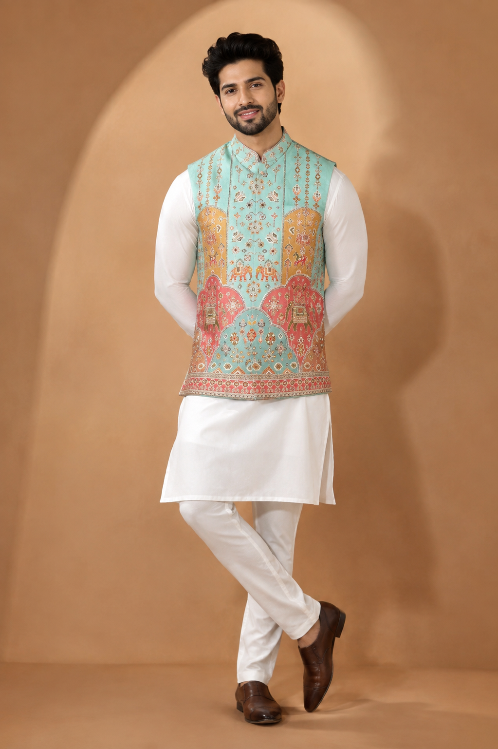 Aqua Blue Heritage Printed Nehru Jacket