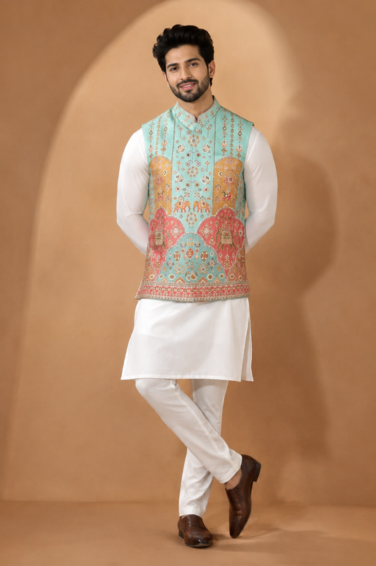 Aqua Blue Heritage Printed Nehru Jacket