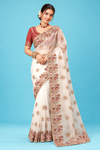 Elegant Ivory White Designer Saree with Multicolor Floral & Bird Embroidery and Rich Pallu