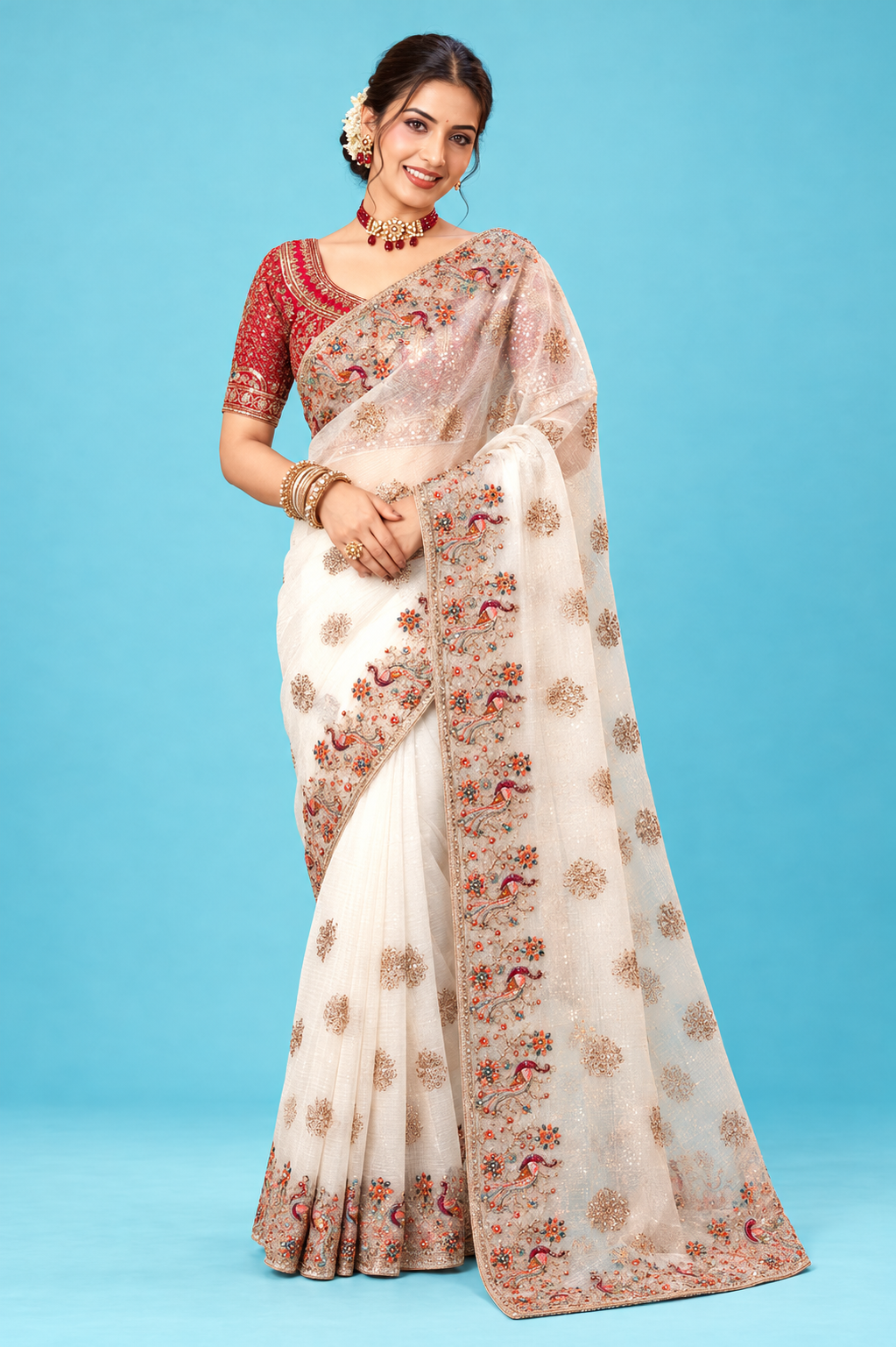 Elegant Ivory White Designer Saree with Multicolor Floral & Bird Embroidery and Rich Pallu