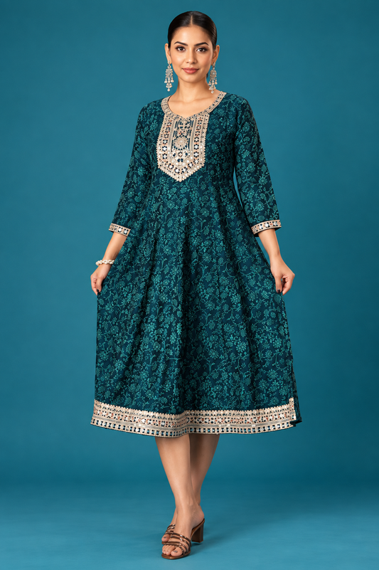 Teal Blue Embroidered Anarkali Dress