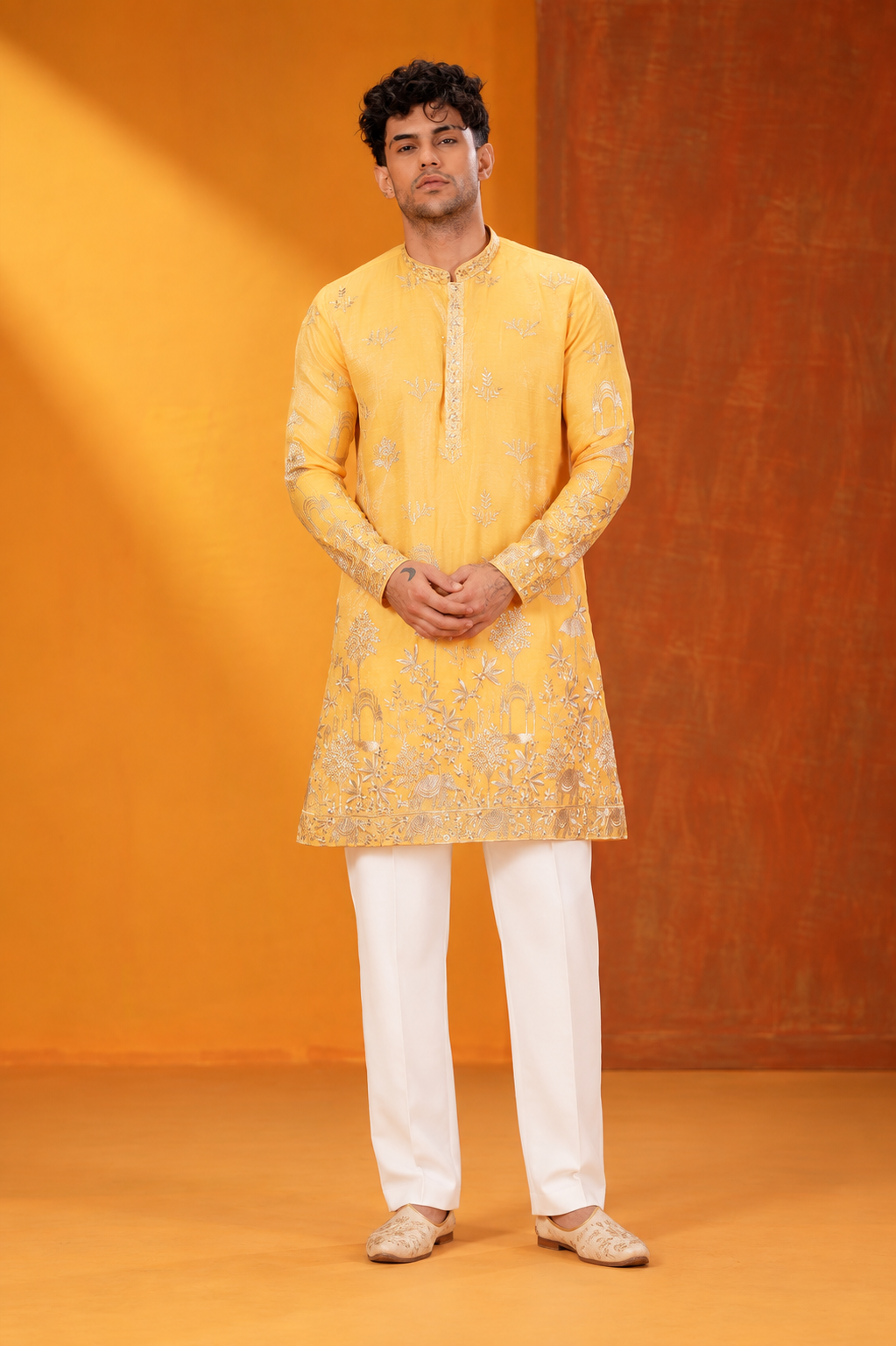 Golden Yellow Embroidered Festive Kurta – Premium Men’s Ethnic Look
