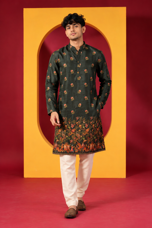 Men's Premium Dark Olive Green Floral Printed Kurta with White Pant Set