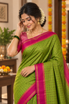 Green Saree with Rani Pink Border & Striped Pallu