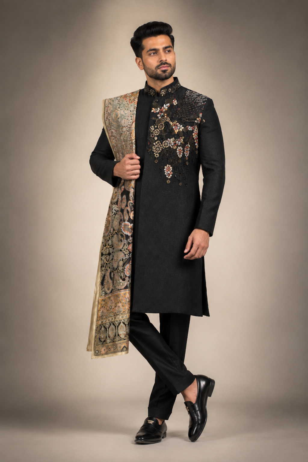 Black Embroidered Kurta Set with Designer Stole
