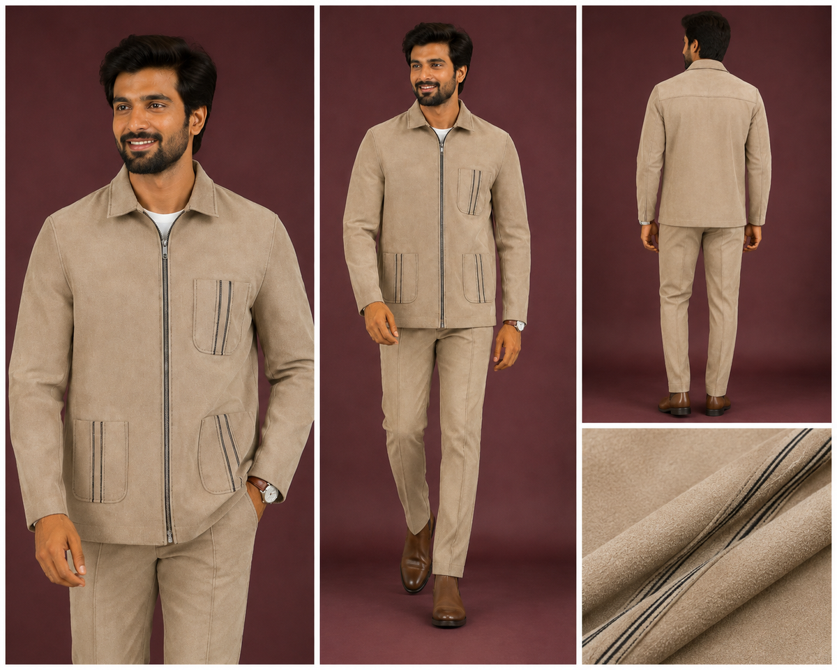 : Beige Suede-Effect Utility Jacket Set for Men