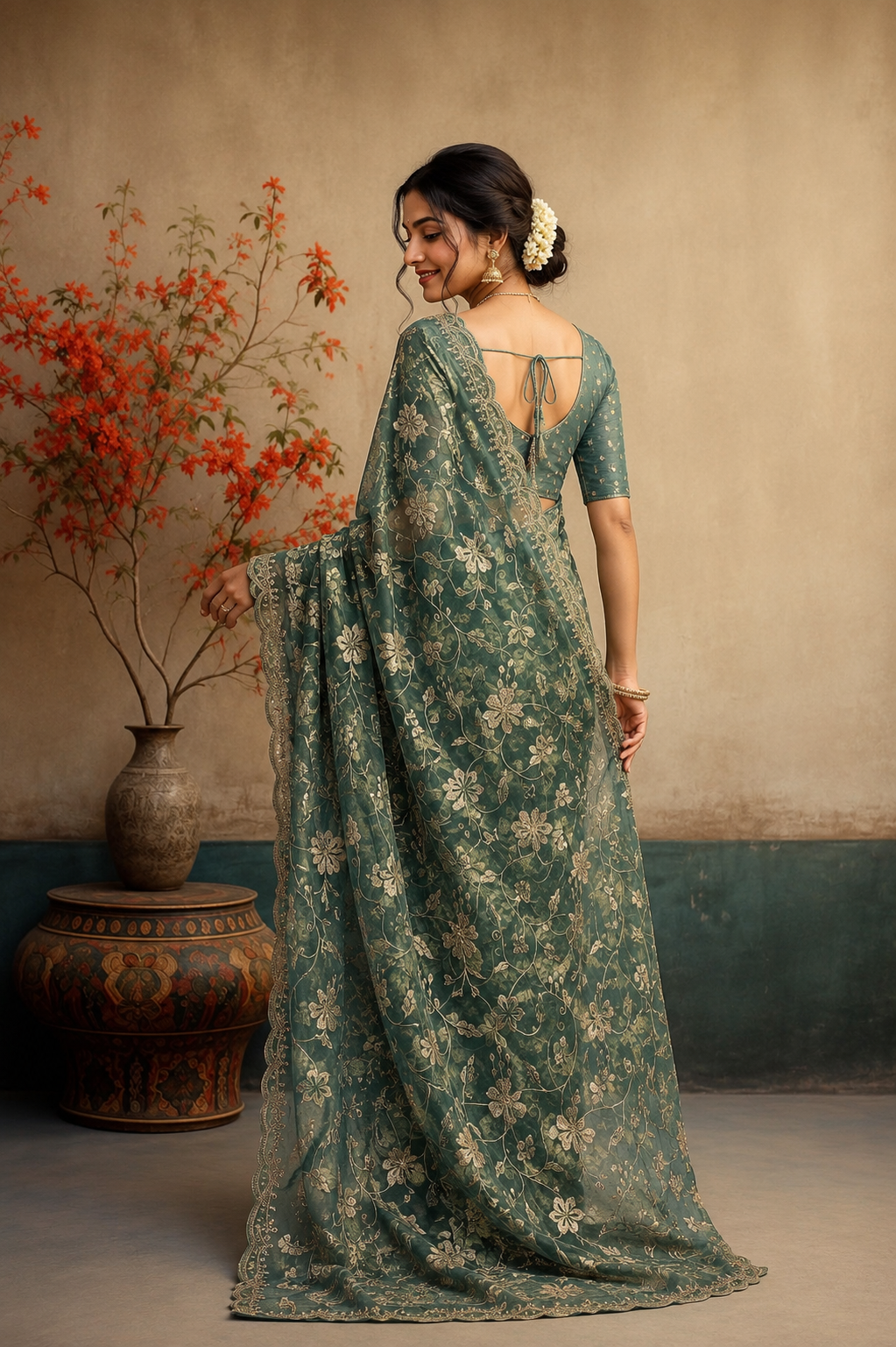 Elegant Sage Green Floral Embroidered Saree with Delicate Lace Border