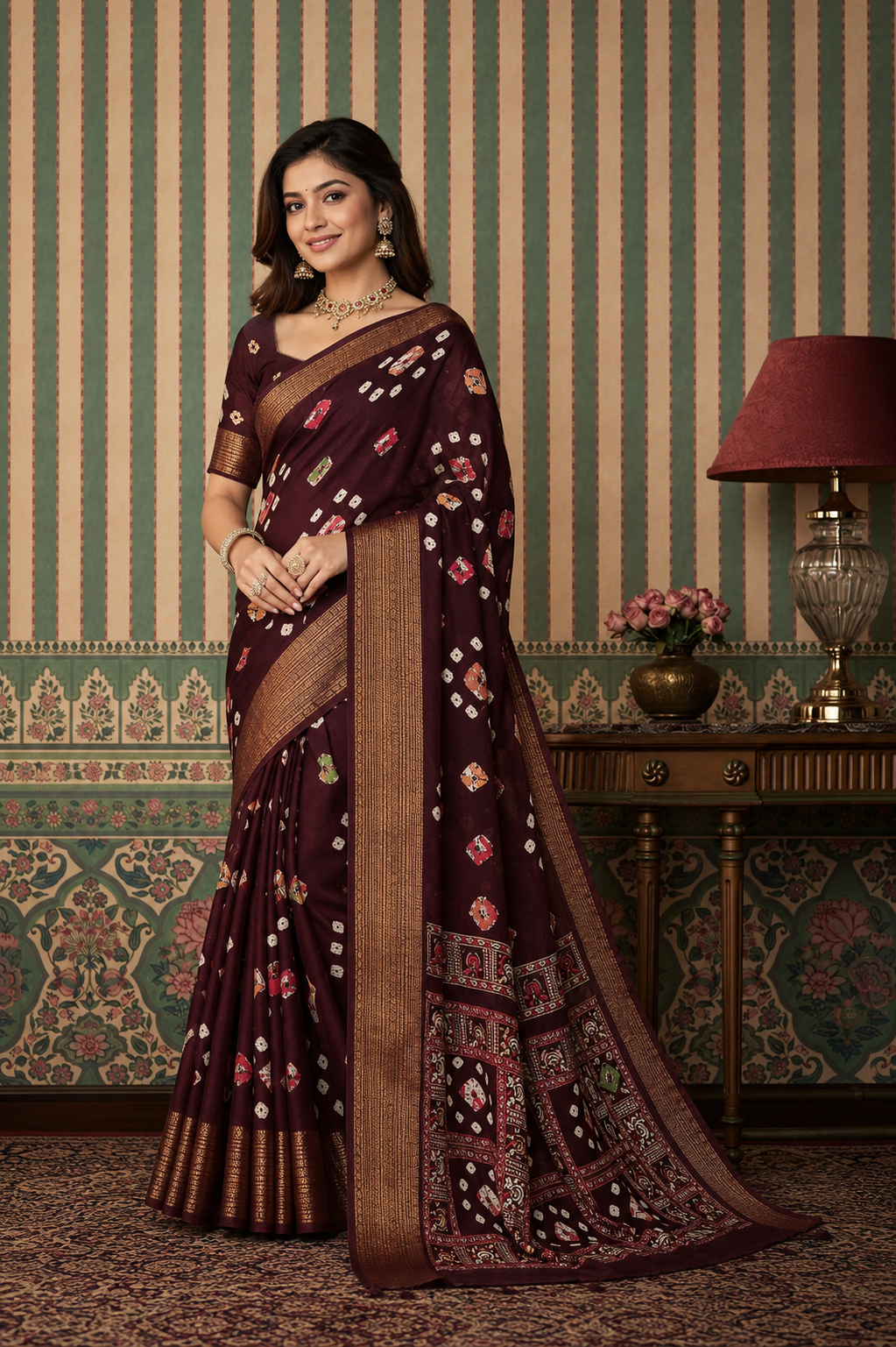 Elegant Wine  Printed Saree with Traditional Pallu