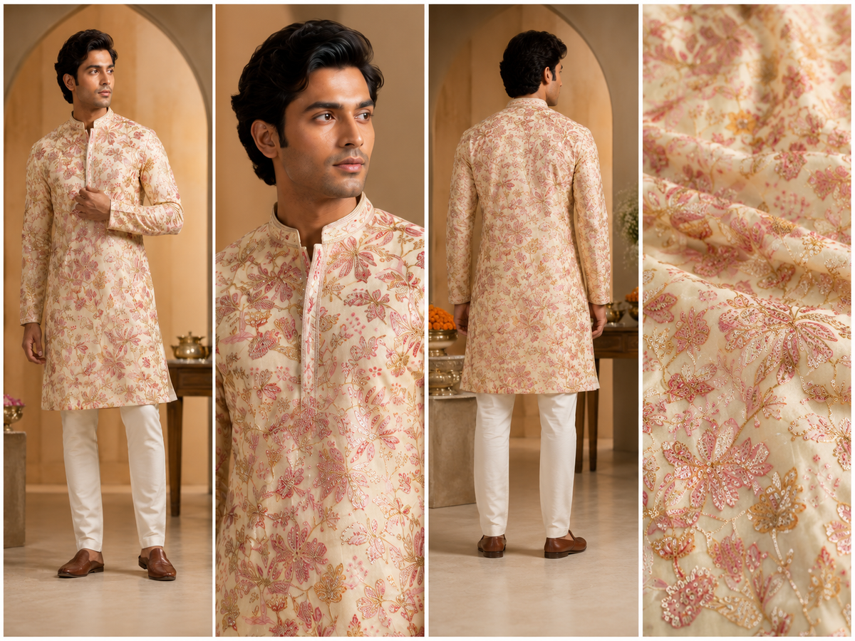 Ivory Floral Printed Festive Kurta for Men