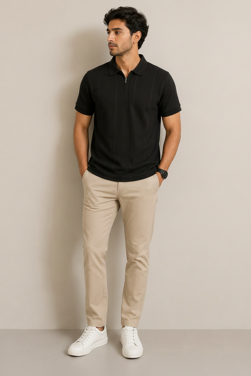 Men’s Black Textured Polo T-Shirt