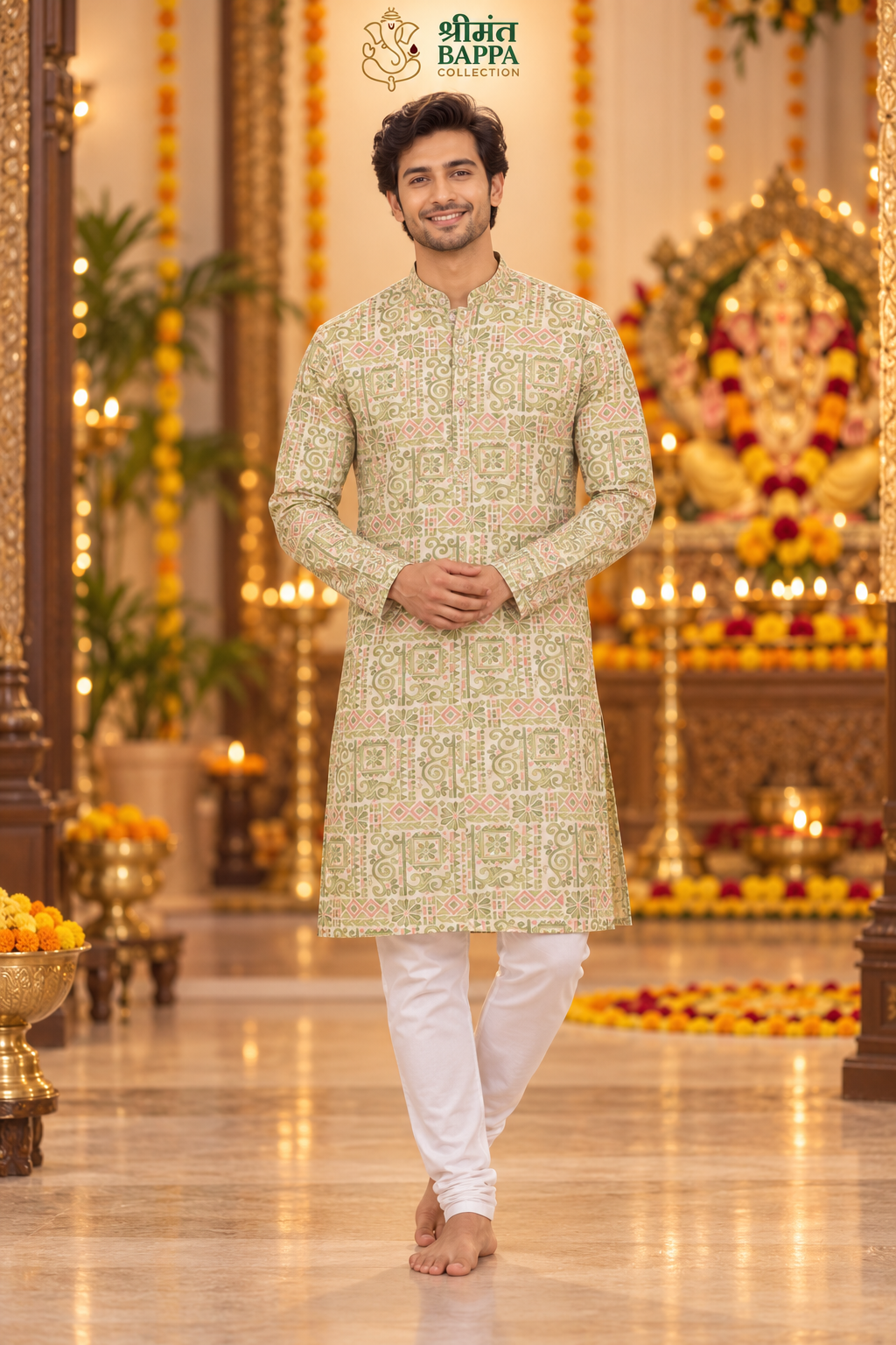 Men's Light Green Geometric and Floral Print Long Sleeve Kurta