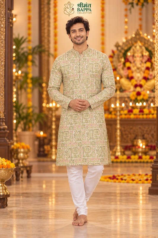 Men's Light Green Geometric and Floral Print Long Sleeve Kurta