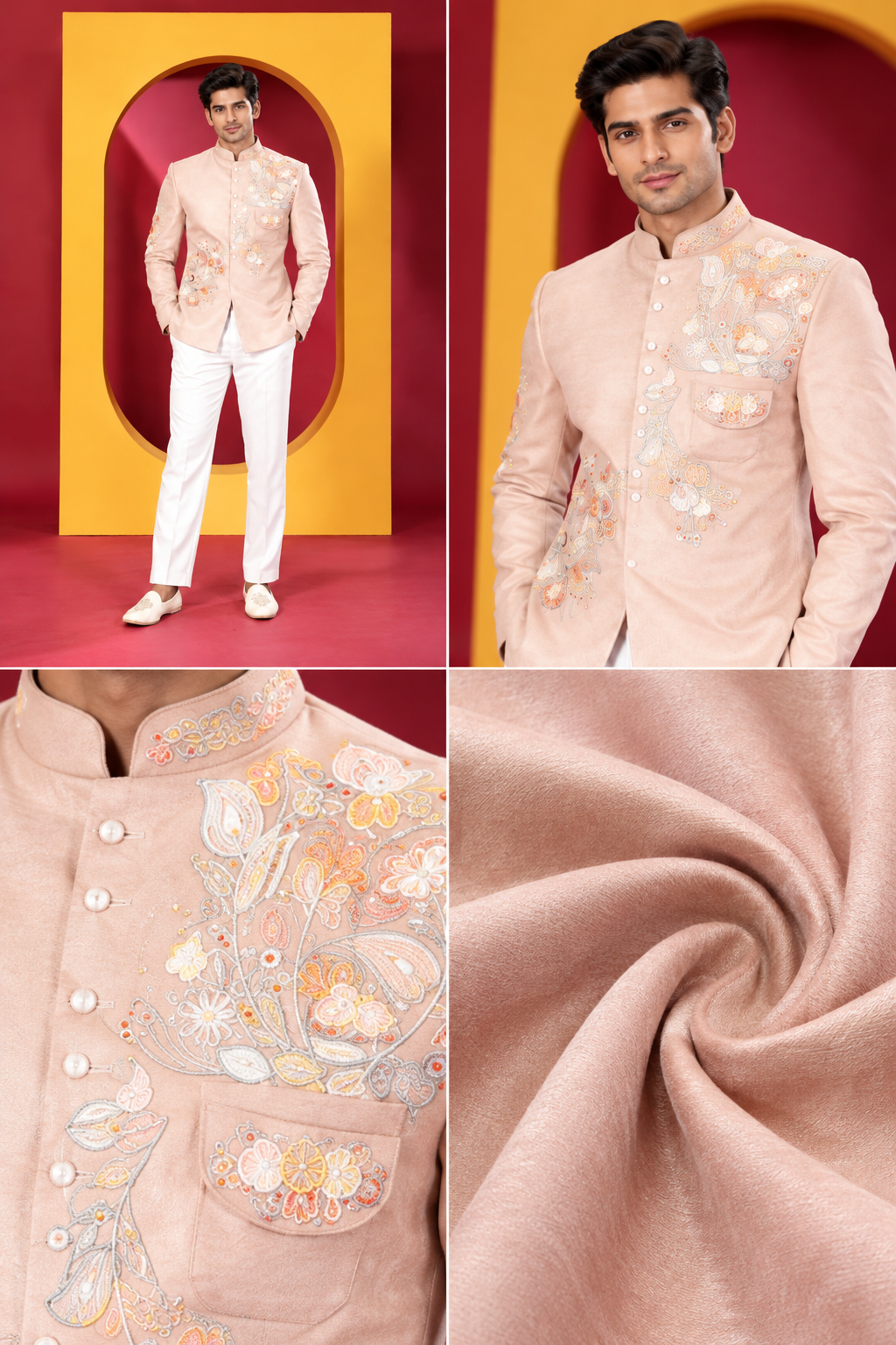 Men's Premium Peach Pink Embroidered Jodhpuri Jacket