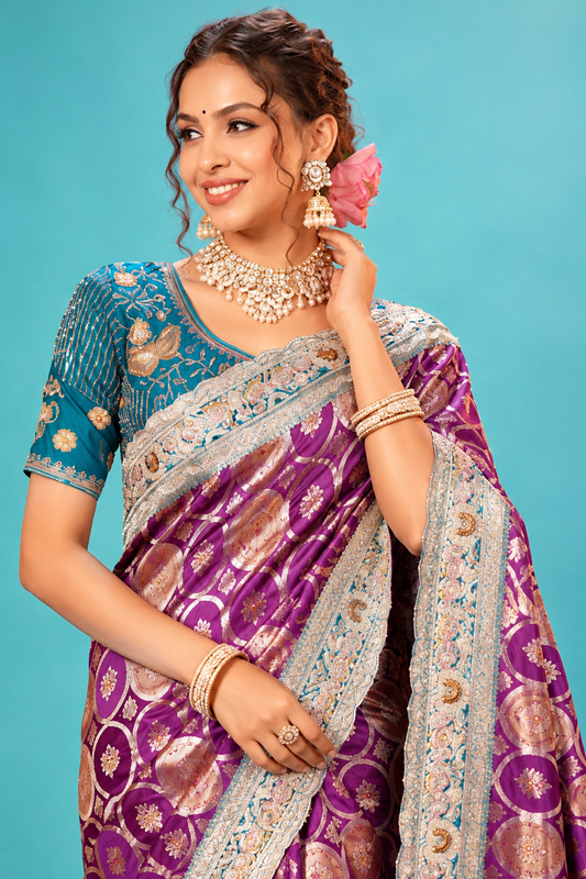 Royal Purple Designer Saree with Golden Woven Motifs & Rich Silver Blue Embroidered Pallu