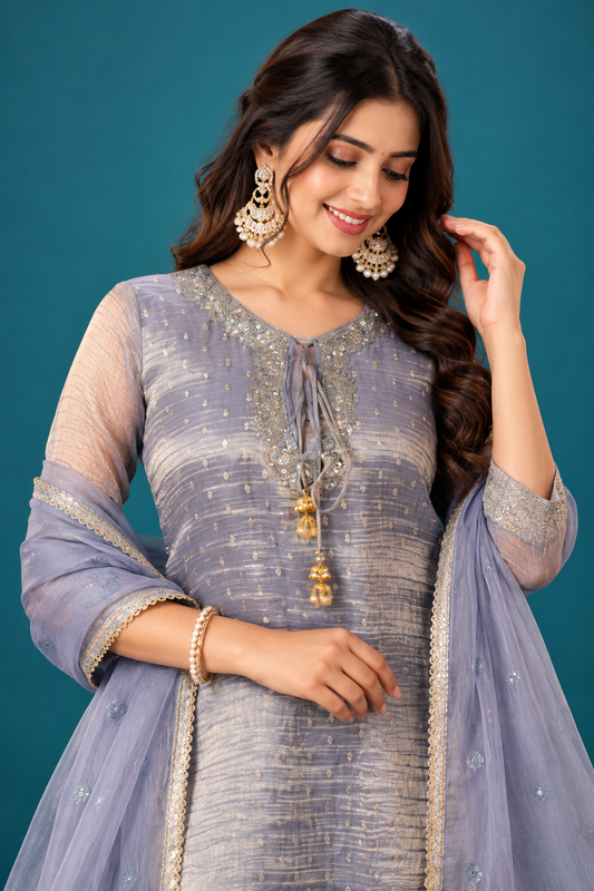 Elegant Lavender-Grey Festive Kurta Set