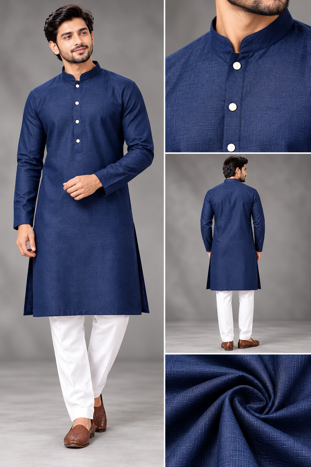 Men's Classic Navy Blue Mandarin Collar Kurta Set
