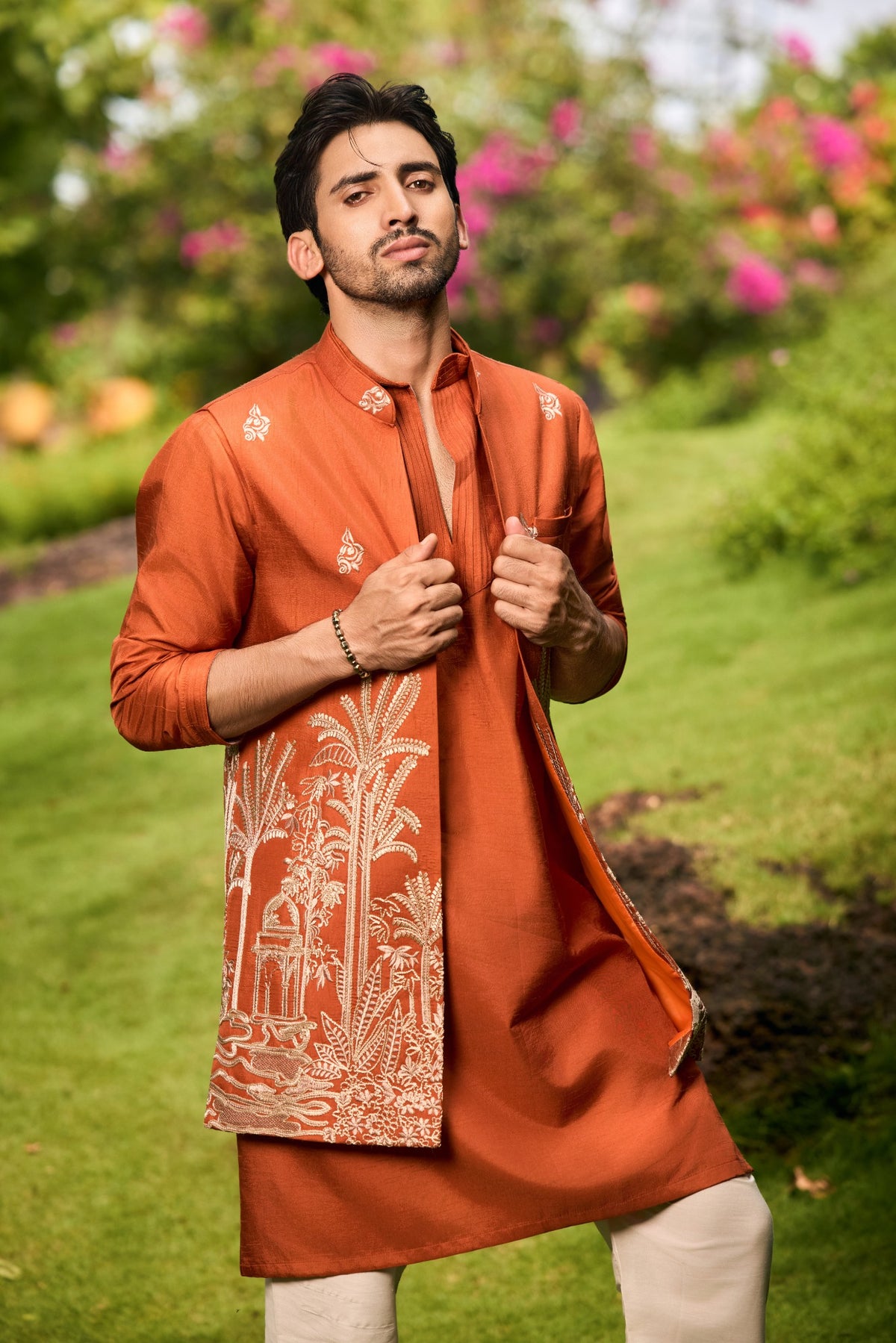 Rust Orange Embroidered Indo-Western Kurta Set