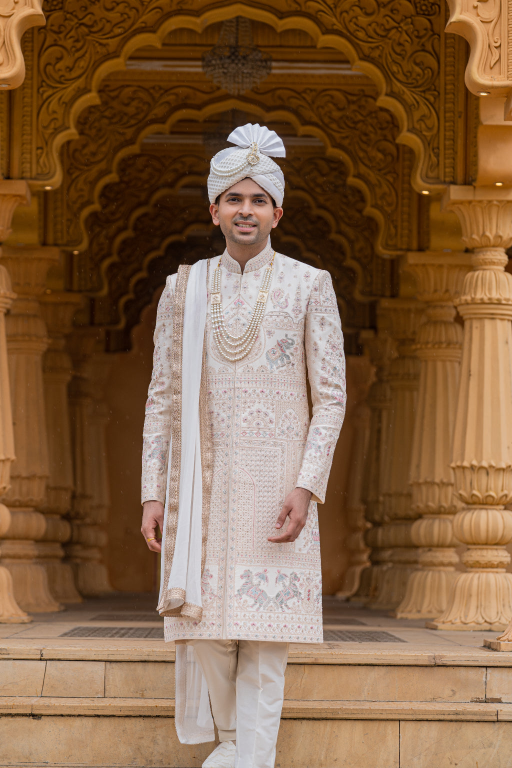 Ivory Embroidered Sherwani Set with Dupatta