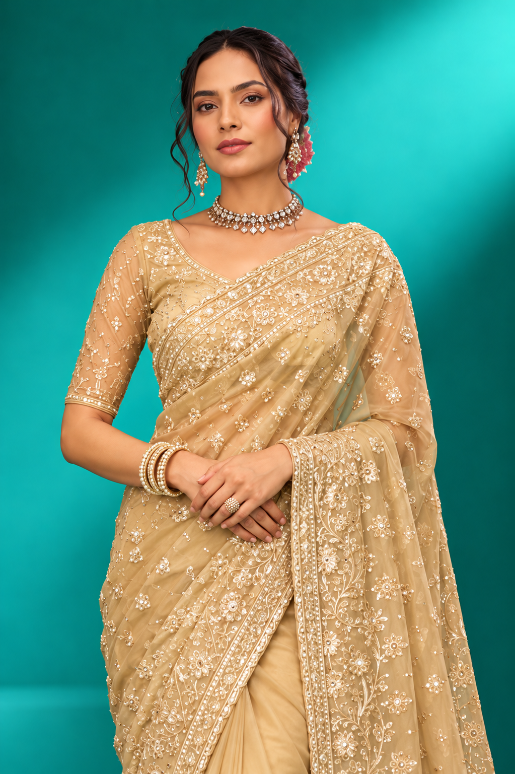 Champagne Gold Embroidered Designer Saree