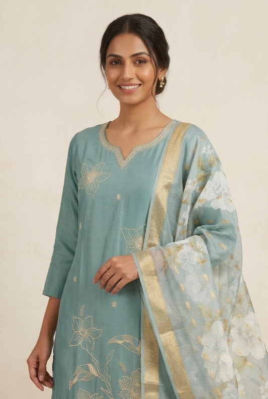 Floral Embroidered Kurta Pant Dupatta Set