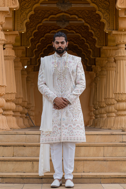 Ivory Embroidered Sherwani Set with Dupatta