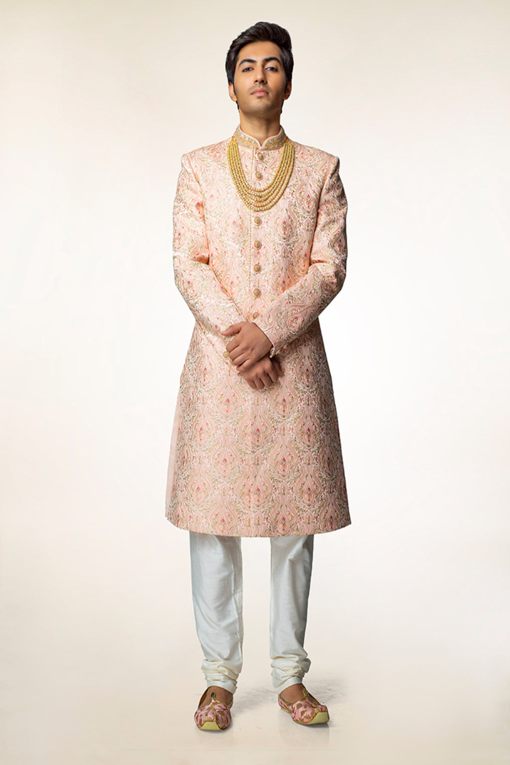 Peach Embroidered Sherwani Set
