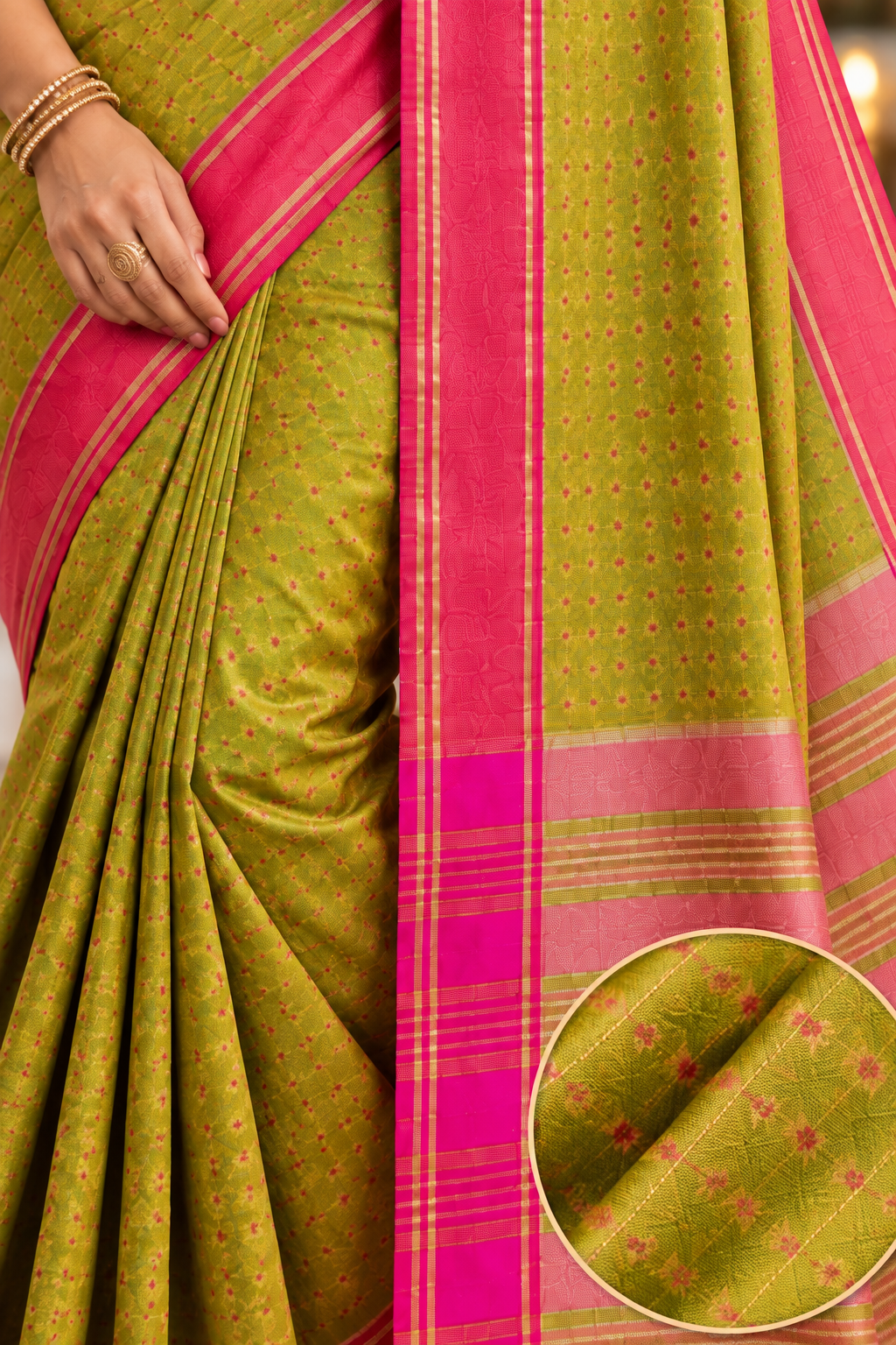Olive Green & Rani Pink Festive Saree