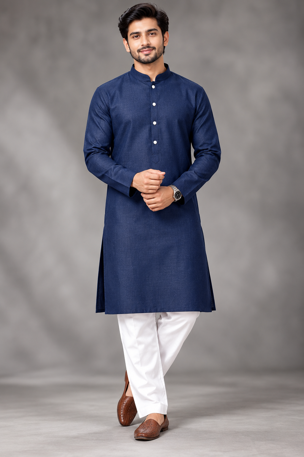 Men's Classic Navy Blue Mandarin Collar Kurta Set