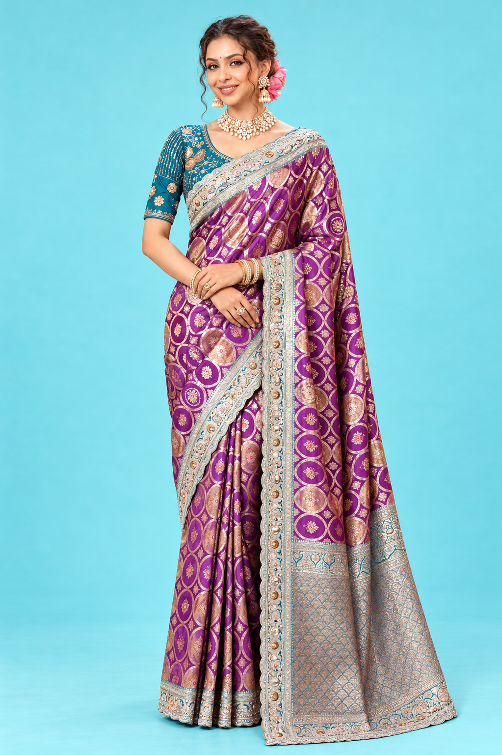 Royal Purple Designer Saree with Golden Woven Motifs & Rich Silver Blue Embroidered Pallu