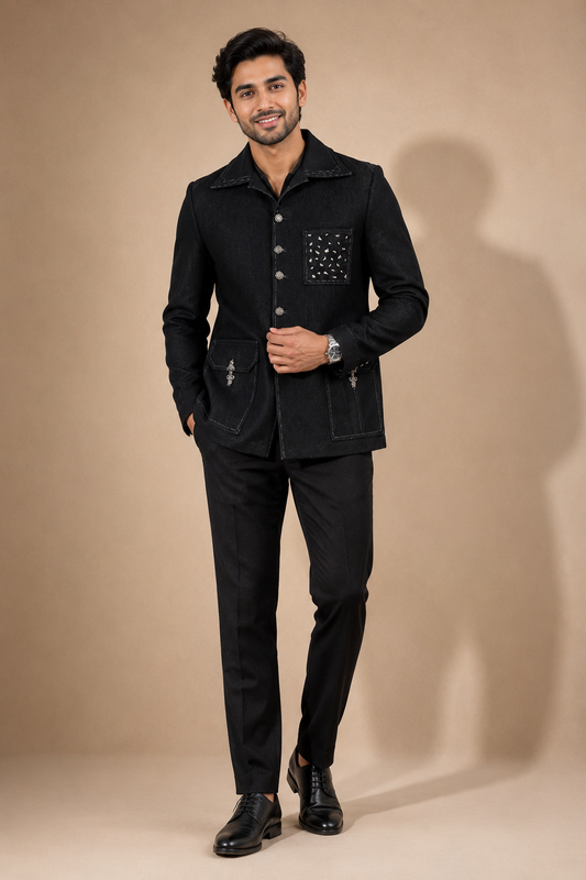 Black Embellished Utility Jacket Suit for Men