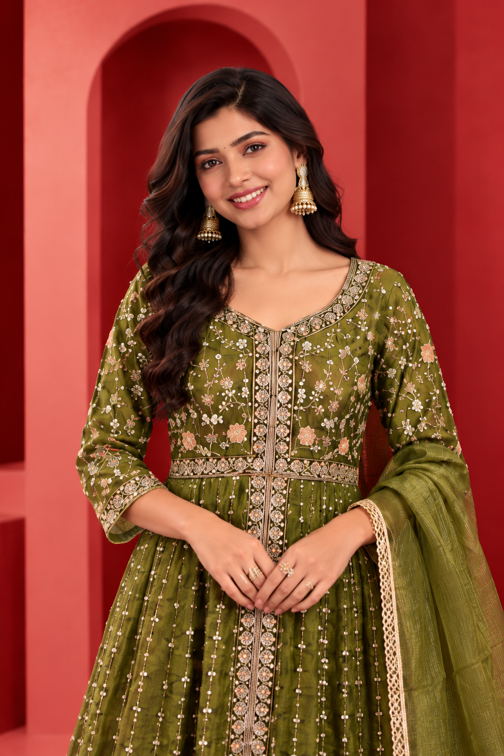 Elegant Olive Green Embroidered Anarkali Palazzo Set with Dupatta