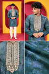 Men's Premium Teal Blue Printed Kurta  Neckline and White Pant Set