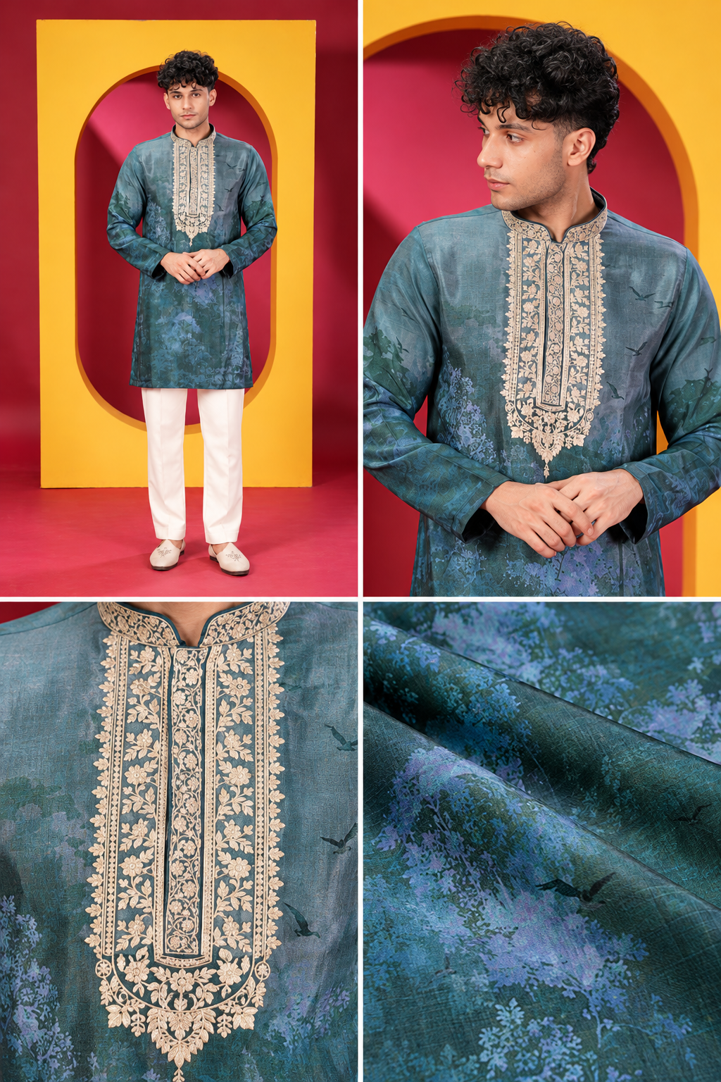 Men's Premium Teal Blue Printed Kurta  Neckline and White Pant Set