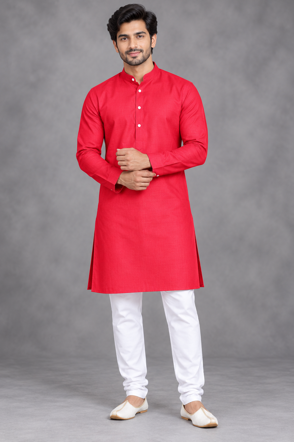 Men's Vibrant Pink  Solid Kurta with White Pant Set
