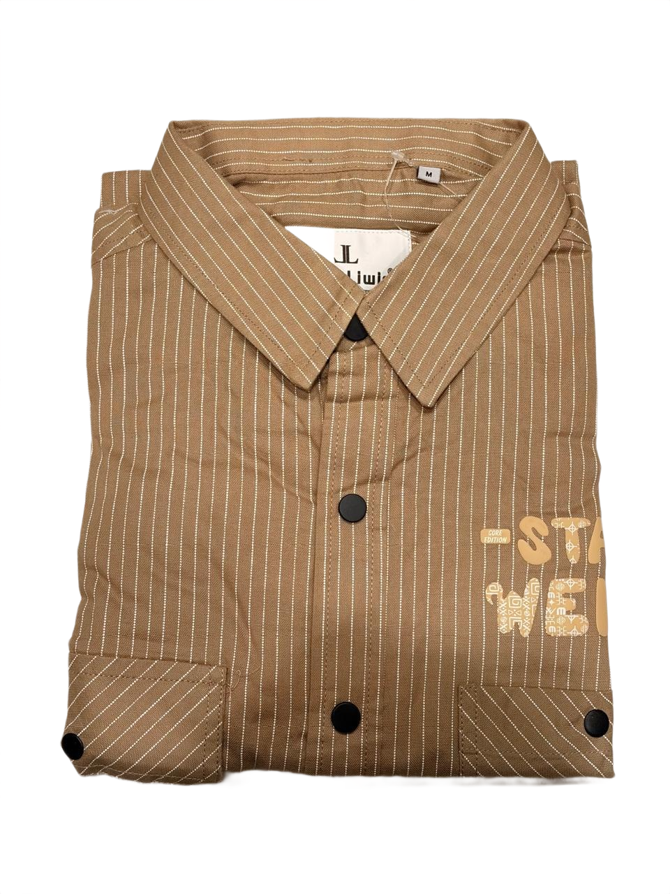 Men's Beige Striped Utility Shirt – Graphic Chest Print & Flap Pockets