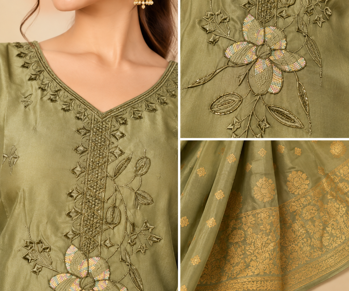 Olive Green Embroidered Kurta Pant Set with Golden Dupatta