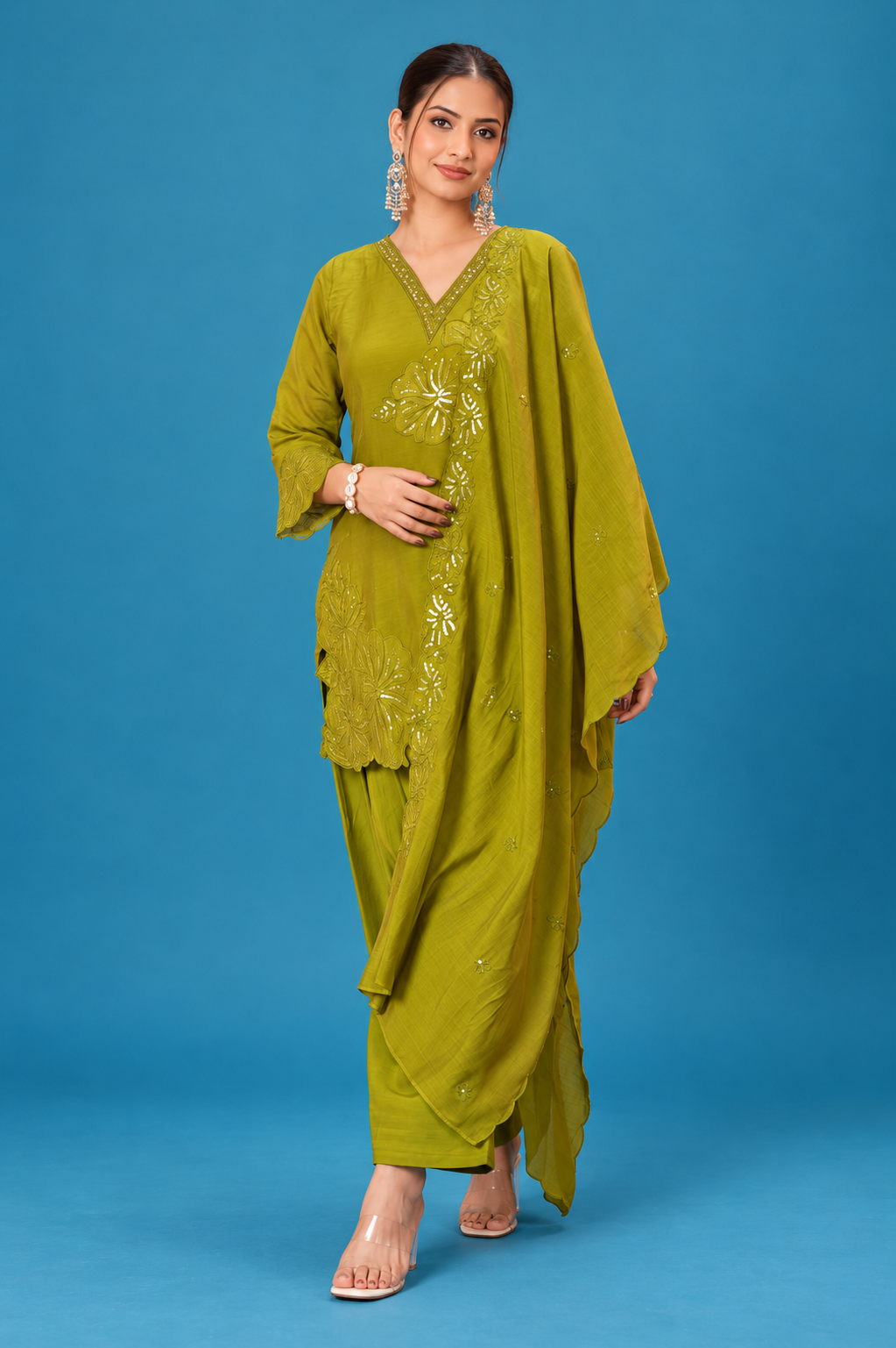 Olive Green Embroidered Festive Dress