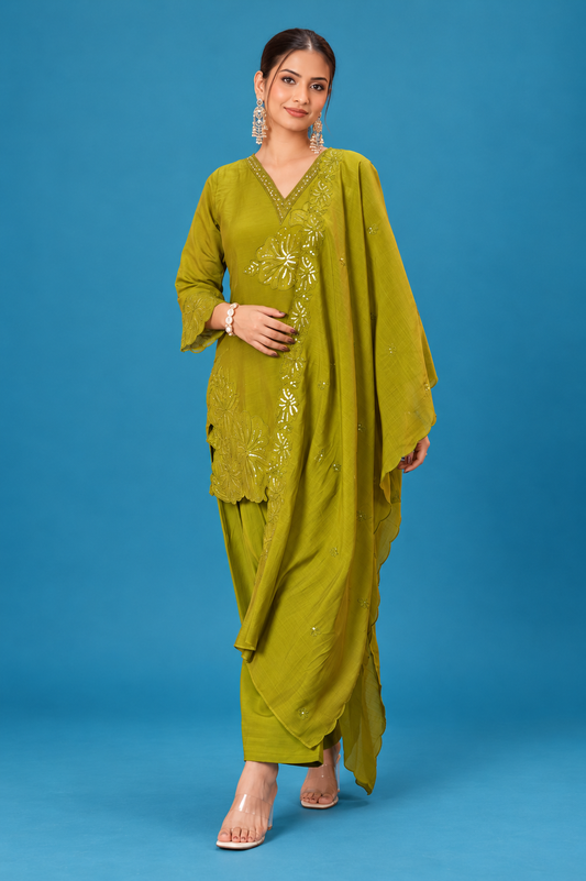 Olive Green Embroidered Festive Dress