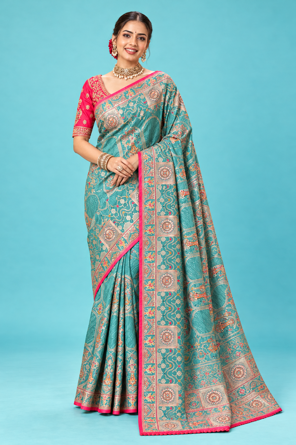 Elegant Turquoise Blue Designer Saree with Golden Traditional Motifs & Rich Pink Border